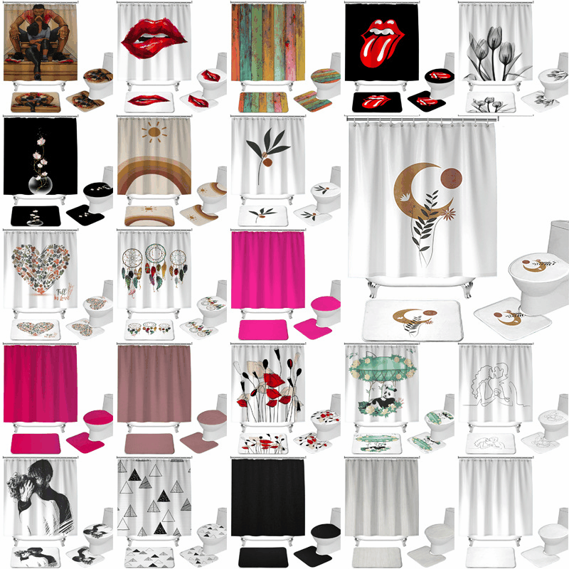 Einfarbiges Duschvorhang-Set, minimalistisches Ölgemälde, Badezimmer-Frühling, asiatischer Textil-Duschvorhang, ohne Stanzen_voghion.com