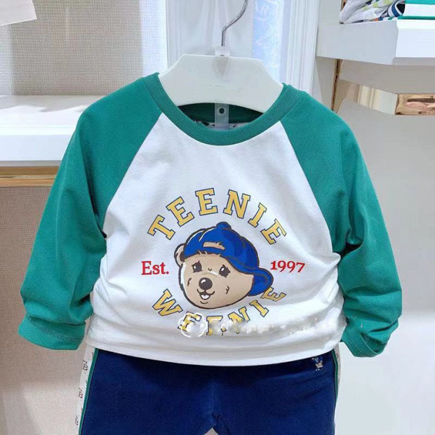 Class a Cotton Spring and Autumn Korean Style Original Label Bear Design Pure Cotton Knit Soft Breathable Raglan Double Green Sleeves Casual Sports T-Shirt Class a Cotton Spring and Autumn Korean Style Original Label Bear Design Pure Cotton Knit Soft Breathable Raglan Double Green Sleeves Casual Sports T-Shirt