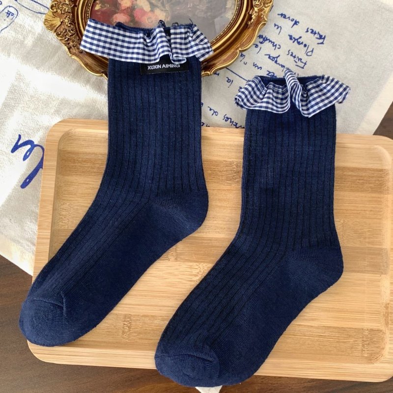 日系爆款蓬边饰品长筒藏蓝系中筒堆堆袜花边蝴蝶结甜美格子袜子女|undefined