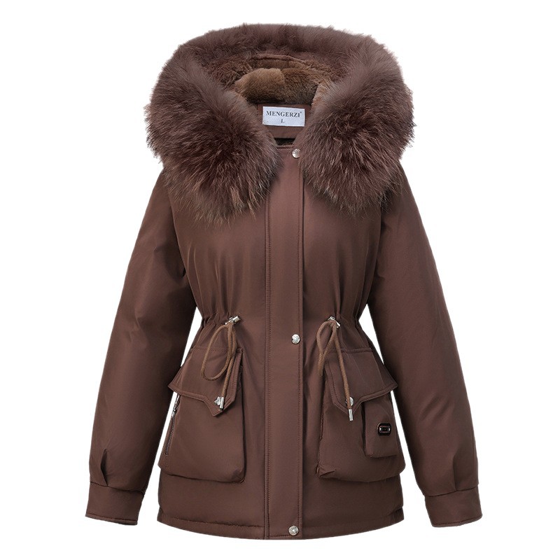 Comercio Exterior2025 invierno nuevo comercio exterior grueso para superar la cintura femenina delgada encapuchada gran cuello de cabello abrigo de algodón cálido