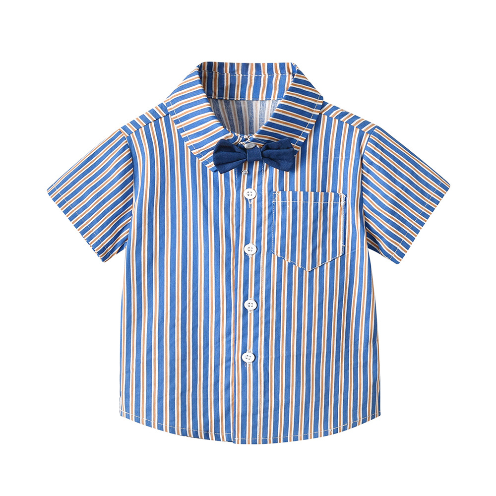 Vestido infantil de verano a rayas collar arco camisa de mangas cortas cinturón pantalones cortos modestamente florista juego de ropa de espectáculo