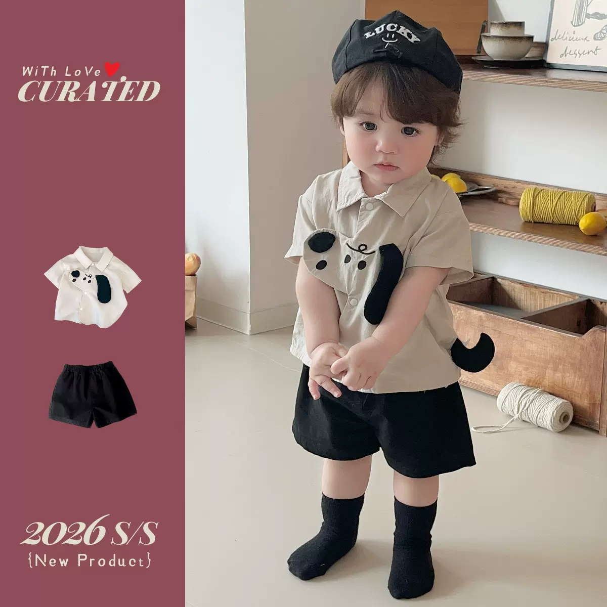 男孩夏季服装男小童卡通衬衫短袖上衣休闲裤子两件套周岁礼服套装