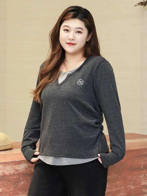 超大码280斤休闲长袖针织女秋季正肩T恤胖mm遮肉显瘦不规则上衣|undefined