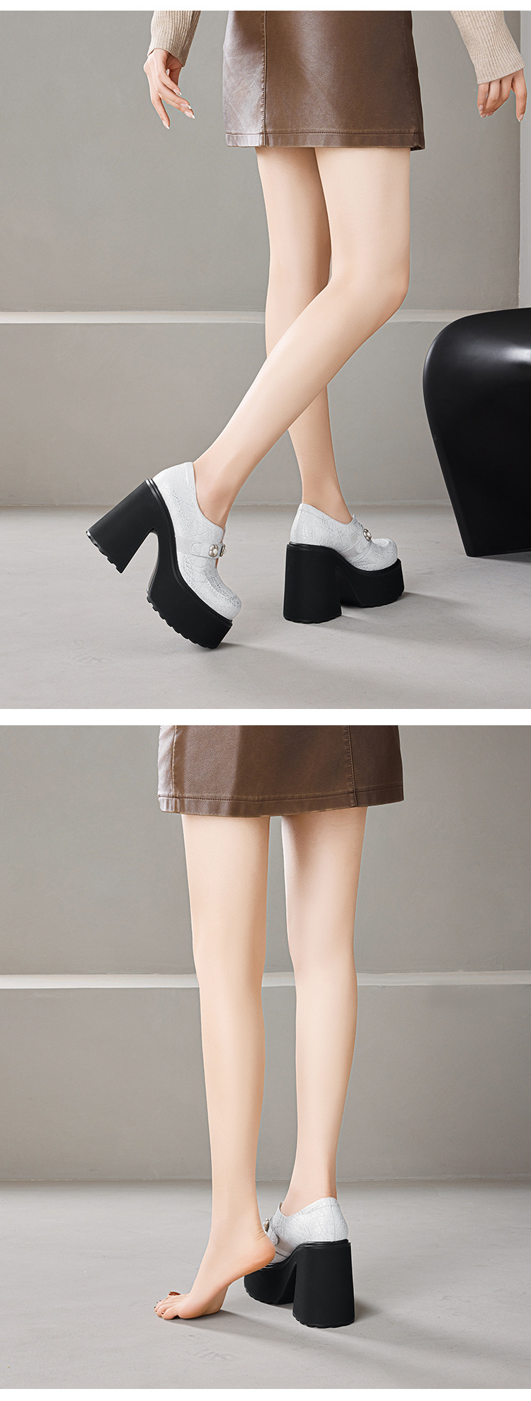 Giày loafer nữ đế xuồng da thật gót vuông 12 cm phong cách Anh quốc — màu đen chi tiết 7