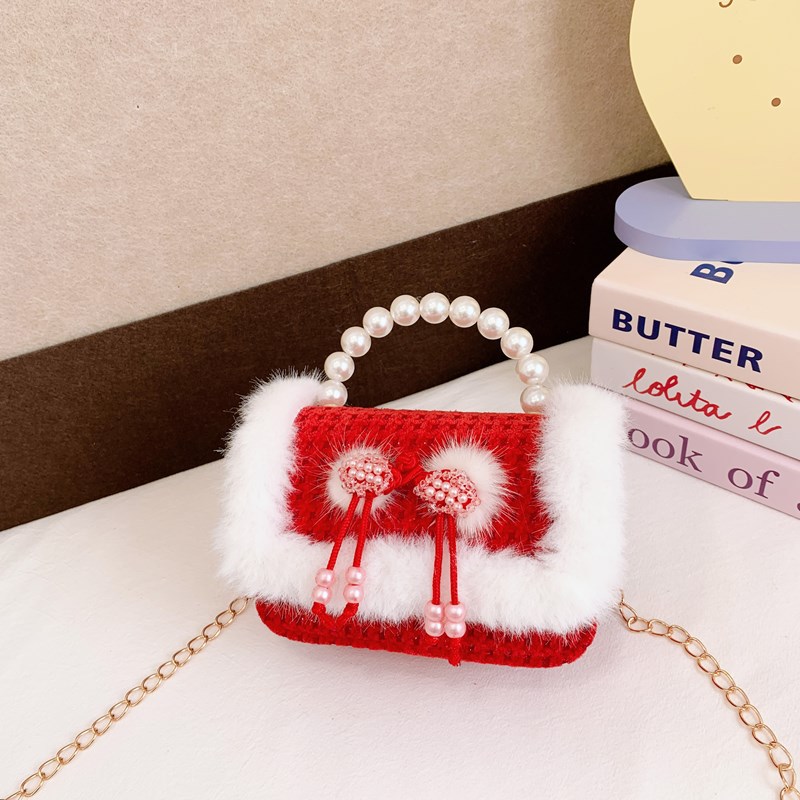 2025 bolsos de Año Nuevo para niños bolsos de perlas princesa de estilo cuadrado bolsos de hombro de cadenas de peluche niñas