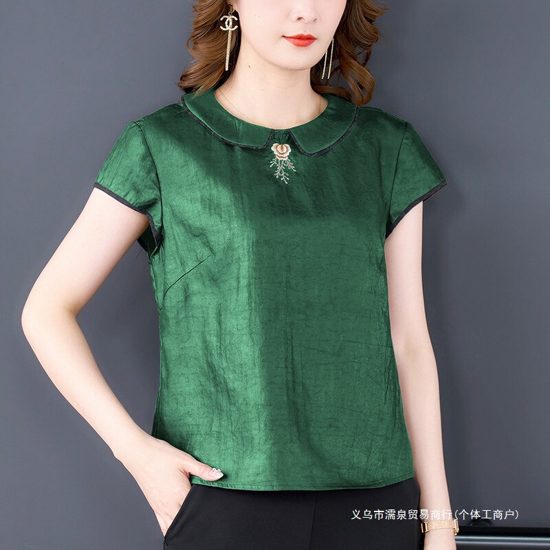 New Chinese Style Vintage Silk Crackle-Patterned Xiangyun Silk Shirt with Doll Collar, Age-Reducing Mulberry Silk Short-Sleeve Top for Summer