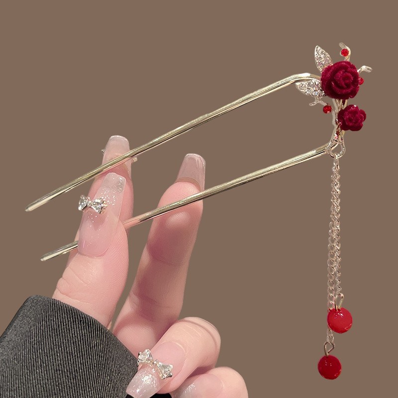 Flocked red rose double flower U-shaped tassel hairpin