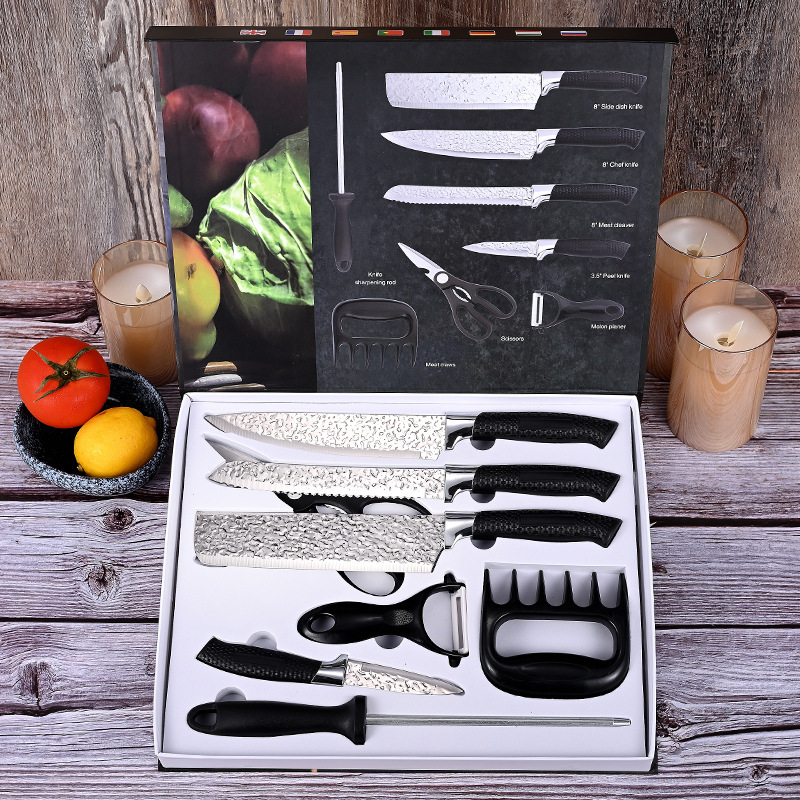 Juego de cuchillos de 8 piezas con mango de malla y patrón de martillo