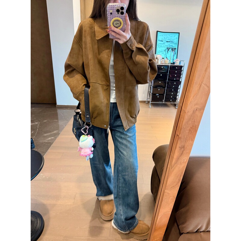 Brown jacket 2026 autumn new Korean retro style suede loose short coat for petite individuals Brown jacket 2026 autumn new Korean retro style suede loose short coat for petite individuals