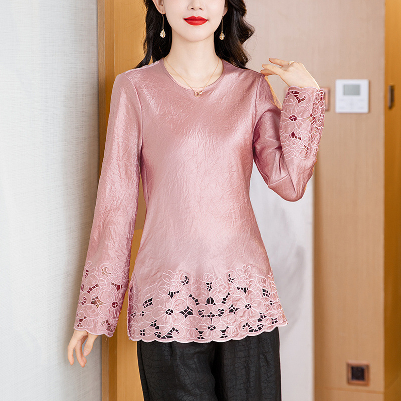 High-Quality Elegant Age-Reducing Middle-Aged Women's New Chinese Style National Style Hollow Hem Slimming Top Silk Blouse