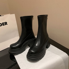 粗跟厚底马丁靴女英伦风2025新款秋冬弹力瘦瘦靴小个子棕色短靴子