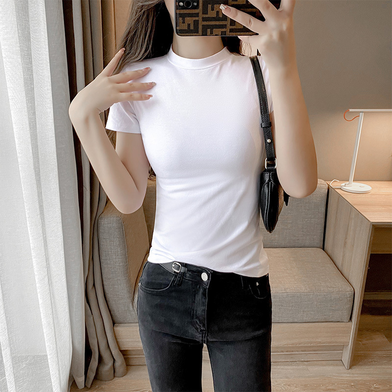 Small Turtleneck Pure Cotton T-Shirt for Women 2025 Summer New High-Waisted Short-Sleeved Bottoming Shirt Slim Top T-Shirt Bottoming Top