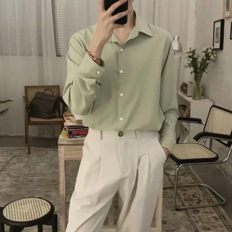 Light-colored Ice Silk Draped Shirt Men's Long-sleeved Casual Pendant Suit Shirt Korean-style ins Fashionable Handsome