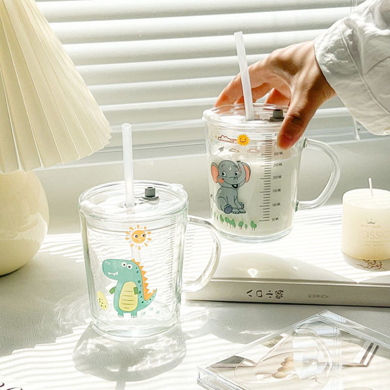 Household handle glass cute cartoon glass straw Cup children's Milk Cup with scale water cup high temperature resistance