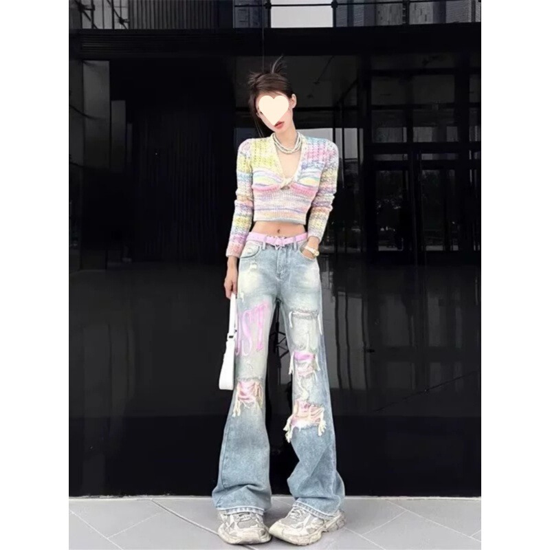 European and American Pink Ripped Jeans Women's Fashion Brand Design Wash Low Waist Straight Wide Leg Pants
