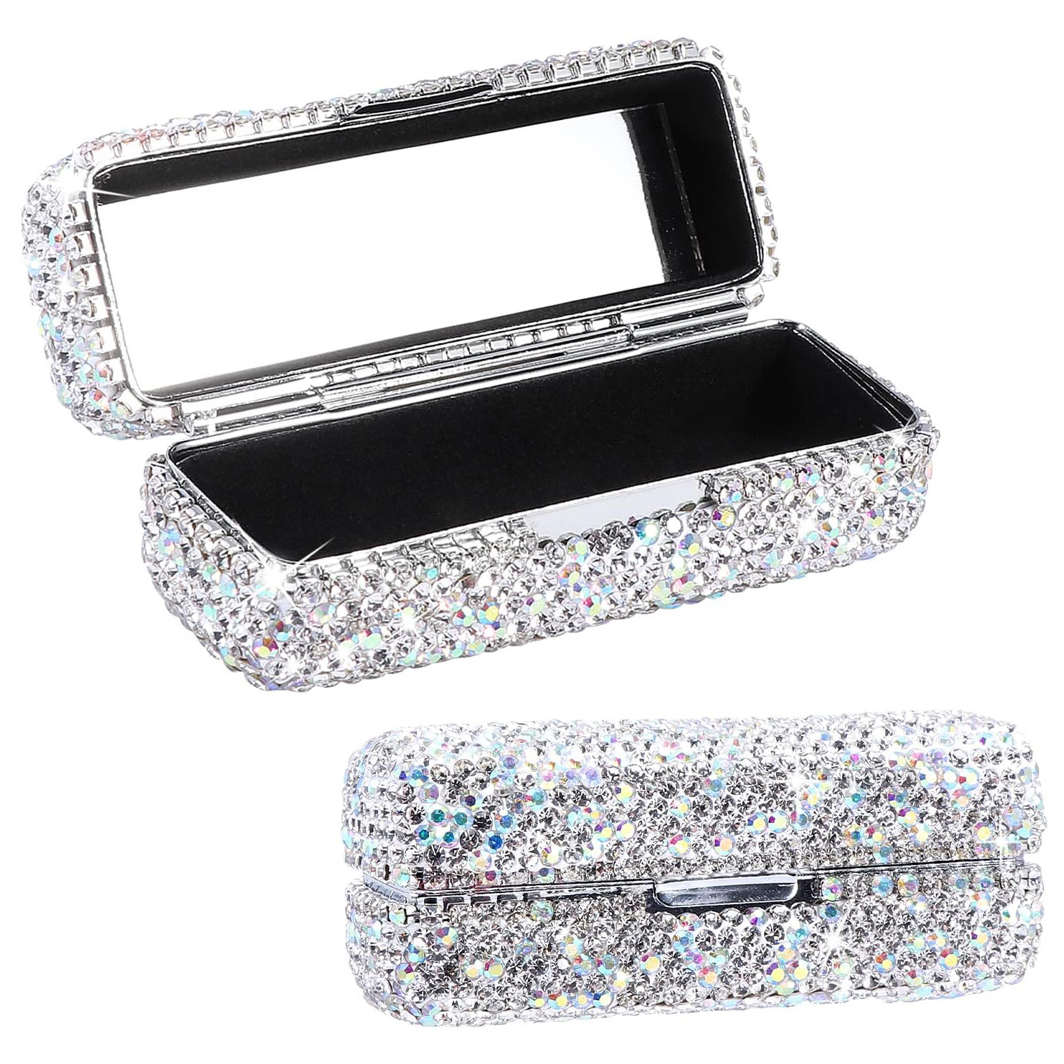 Caja de lápiz labial individual de metal con incrustaciones de diamantes, caja de lápiz labial con espejo, caja de almacenamiento de lápiz labial de viaje portátil