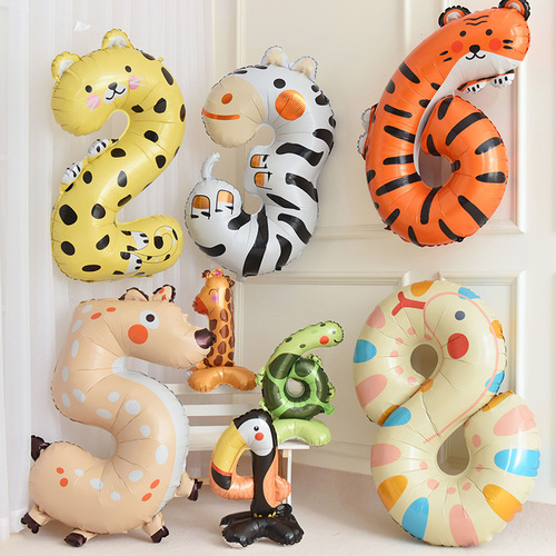 40-inch cartoon animal number balloon aluminum film children's baby's 100th birthday party one-year-old dessert table