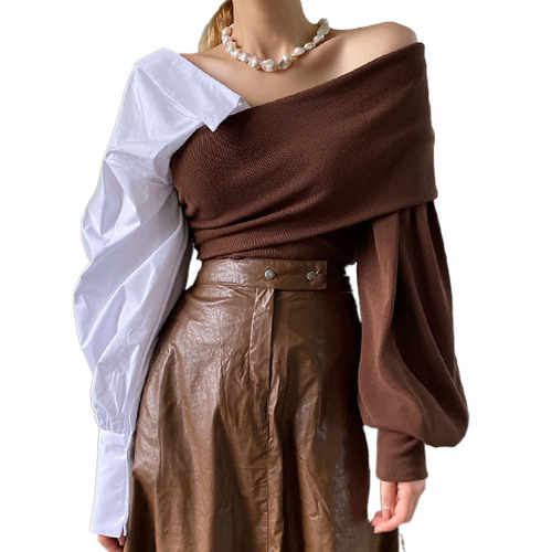 Dongdaemun early autumn one-collar shirt for women's design stitching shirt retro strapless long-sleeved top