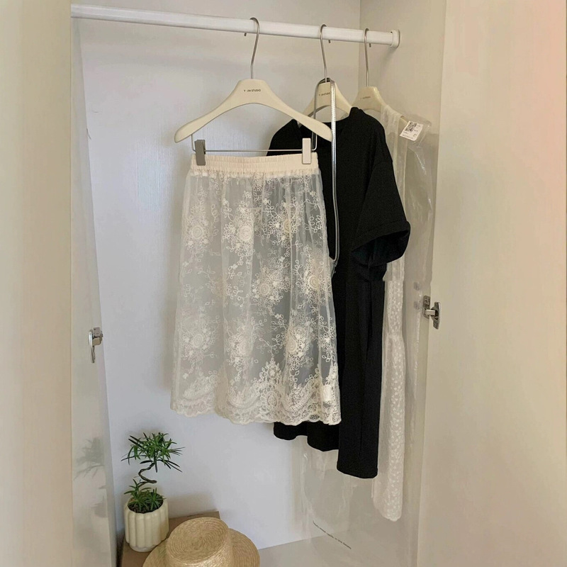 Vintage Hollow Lace Sheer Midi Skirt 2025 New Style Niche Mid-Length Skirt