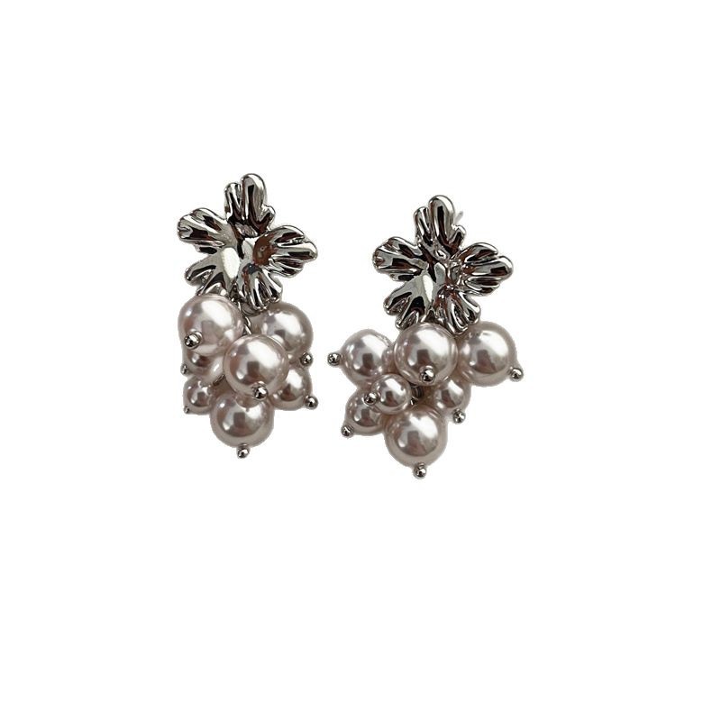Rose-colored Grape Cluster Pearl Tassel Earrings For Women_voghion.com