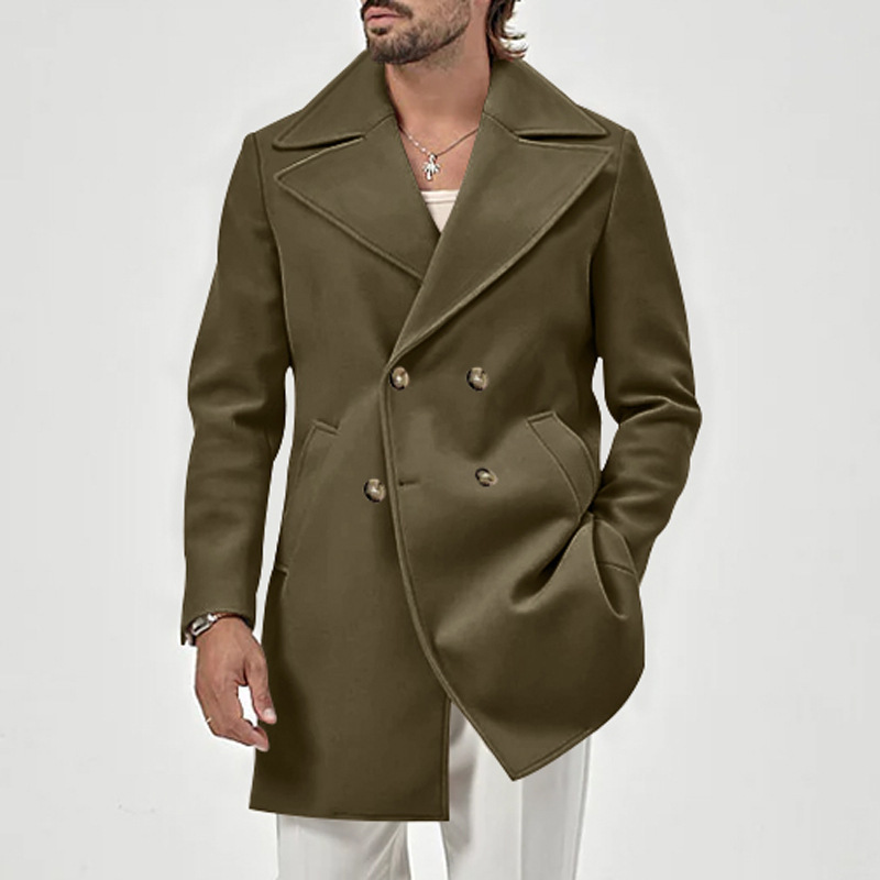 Men's suit collar medium length men's casual solid color versatile windbreaker coat_voghion.com