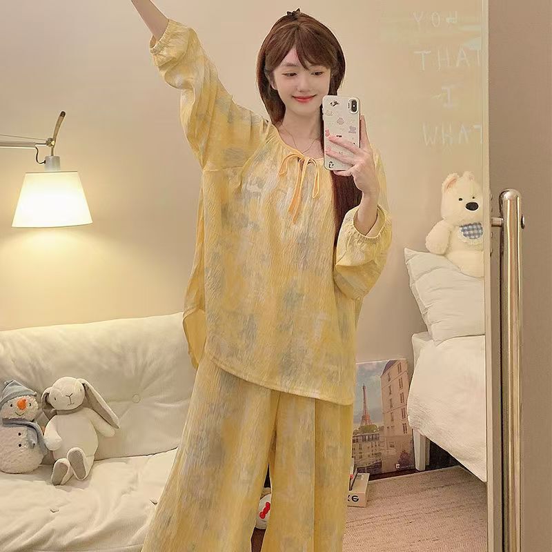 Round Neck Cardigan Pajamas Women's Long-Sleeved Pants Autum New Yellow Oil Painting Camouflage Home Clothes Can Be Worn Outside the Suit Round Neck Cardigan Pajamas Women's Long-Sleeved Pants Autum New Yellow Oil Painting Camouflage Home Clothes Can Be Worn Outside the Suit
