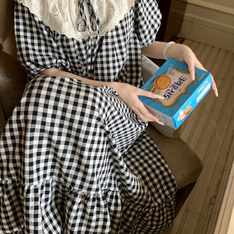 Korean-Style Sweet Plaid Nightgown for Women, Summer Lace Doll Collar, Puff Sleeves, Loose Long Dress for Girls, Home Wear