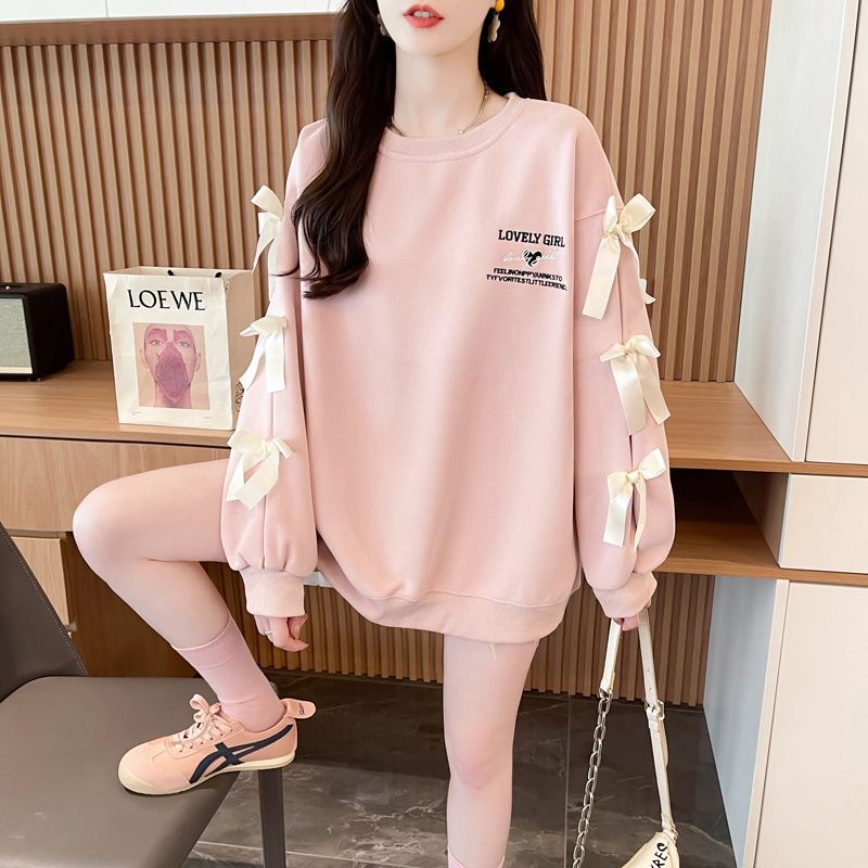 Special Offer [Real Shot of Huamian Milk Silk] Extra Large Size 150kg Back Collar Embroidered Bow Sweatshirt for Women Autumn