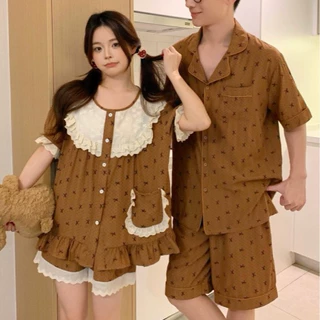 韩国ins女士夏季韩版情侣甜美宽松透气重工蕾丝短袖家居服套装女