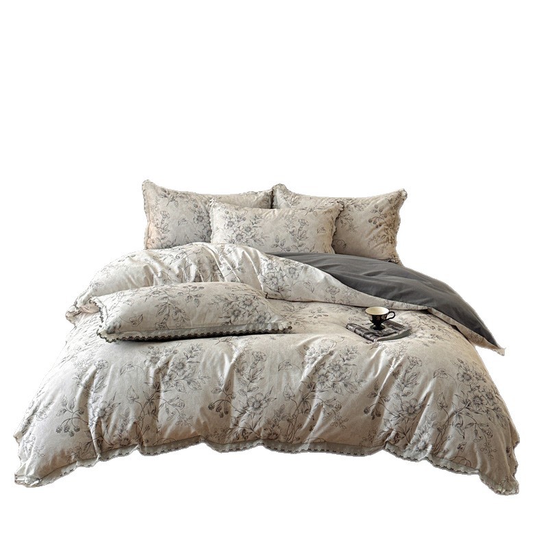 Nordic French Vintage Boho Maternity-grade French Vintage-style Brushed Four-piece Set, Thickened 100% Cotton Bed Sheet, Duvet Cover, And High-end_voghion.com