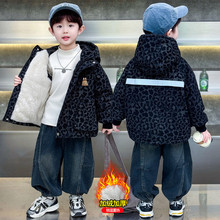 男童冬装豹纹中兔毛派克服冬季韩版儿童加绒连帽棉衣中小童外套潮