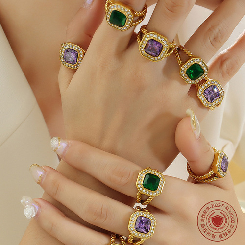 Elegant Fashion Hip-Hop Style Ring with Geometric Purple Zirconia and Green Crystal Stones, Gold-Plated, Non-Fading Women's Jewelry