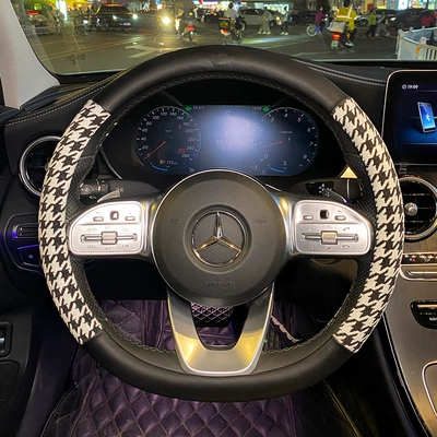 Car steering wheel cover summer goddess creative Four Seasons universal houndstooth car handle cover ladies cute non-slip decoration (Steering wheel cover) - houndstooth-stitching-leather-round-38cm