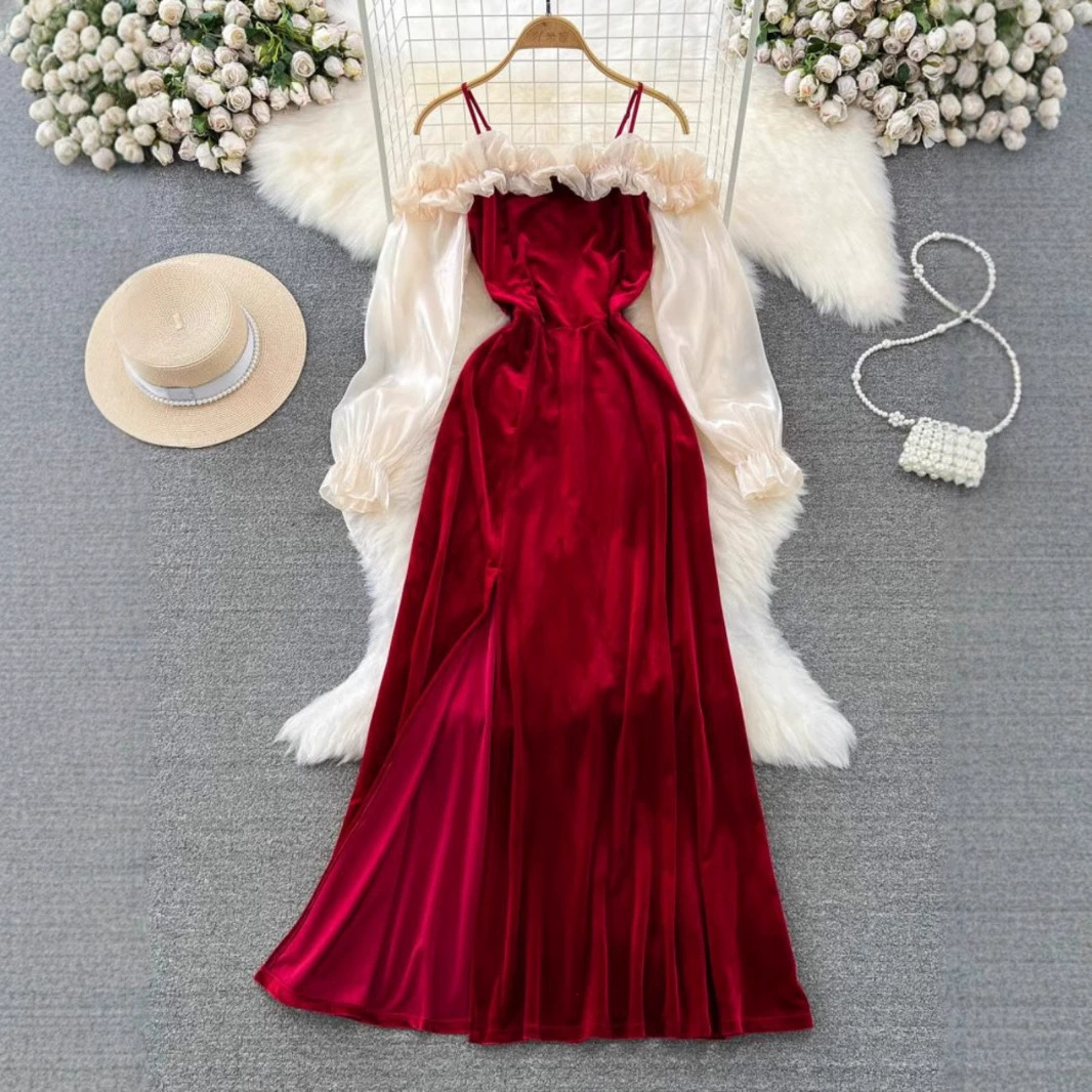 Чисто желание плечо и талия тонкие женские осенние и зимние новые темпераменты с открытыми листьями лотоса, сшитыми золотыми бархатными платьями