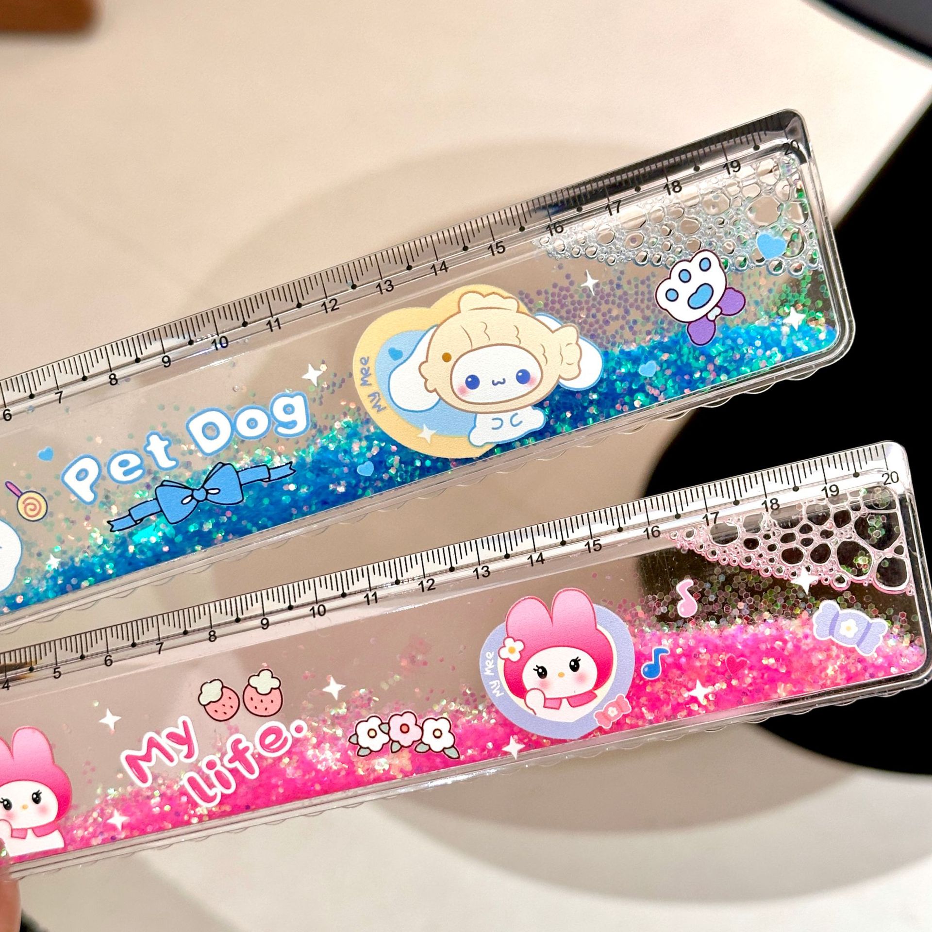 Aceite en arena flotante regla recta adorable perro aprendiendo papelería cartografía de dibujos animados regla recta transparente 20cm regla