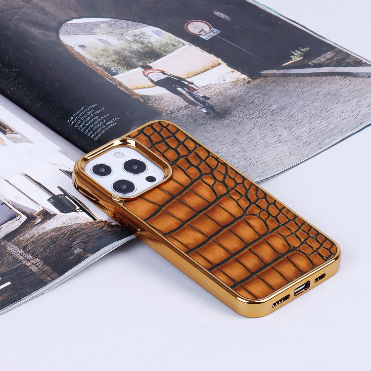 厂家定制高端真皮手机套金色边框鳄鱼纹手机壳适用于苹果iPhone13