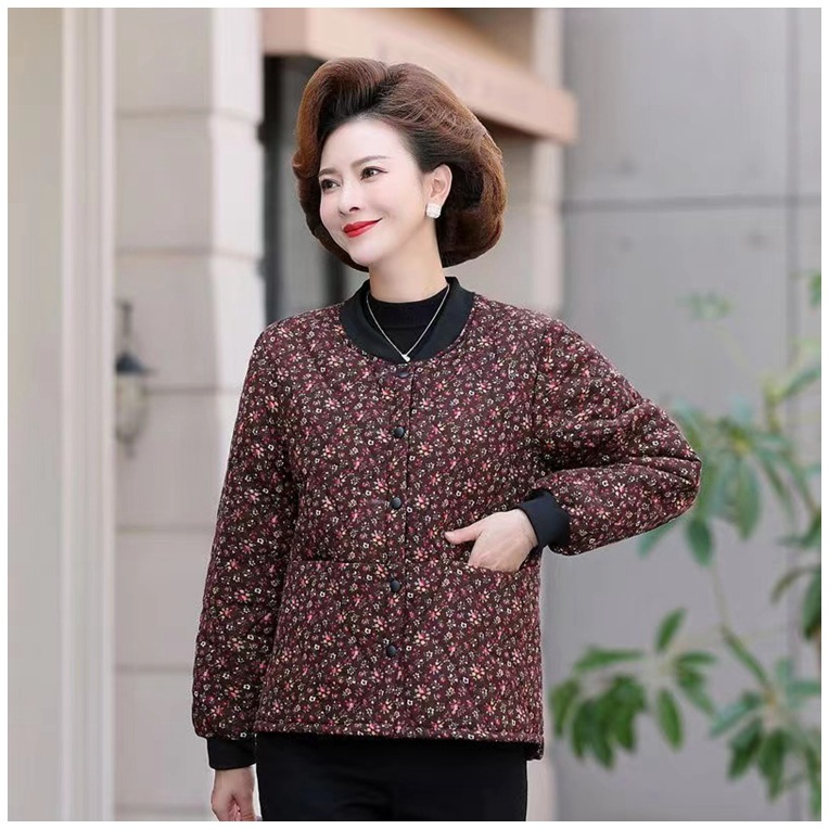 妈妈装冬季夹棉衬衫外套奶奶装短款碎花棉袄中老年女装薄款小棉衣
