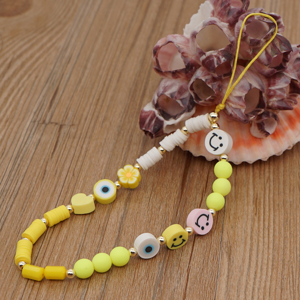 Pure color smiley soft pottery mobile phone lanyard devils eye beaded antilost mobile phone chainpicture4