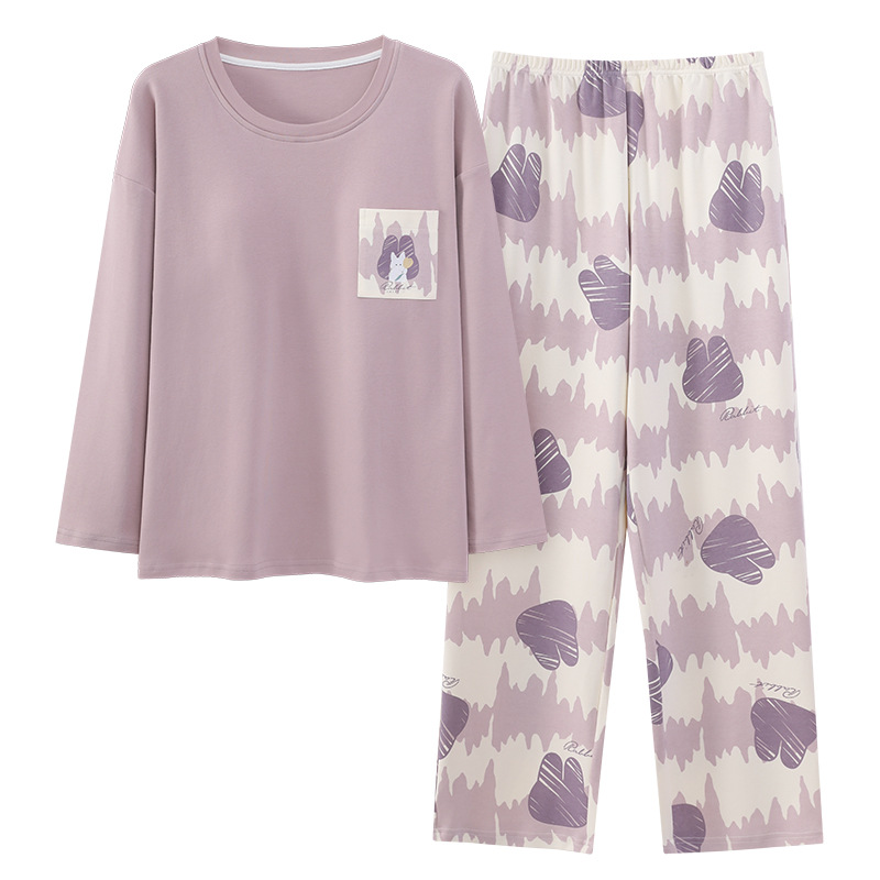 가슴 패드가 달린 여성용 잠옷 봄과 가을면 긴 소매 가을과 겨울 여성 풀오버 외모 면화 홈 의류 세트 입고