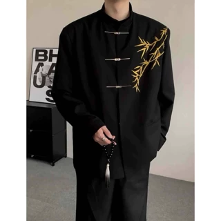 新中式男士订婚衣服套装国风立领中山装金竹刺绣男孩成人礼服西装
