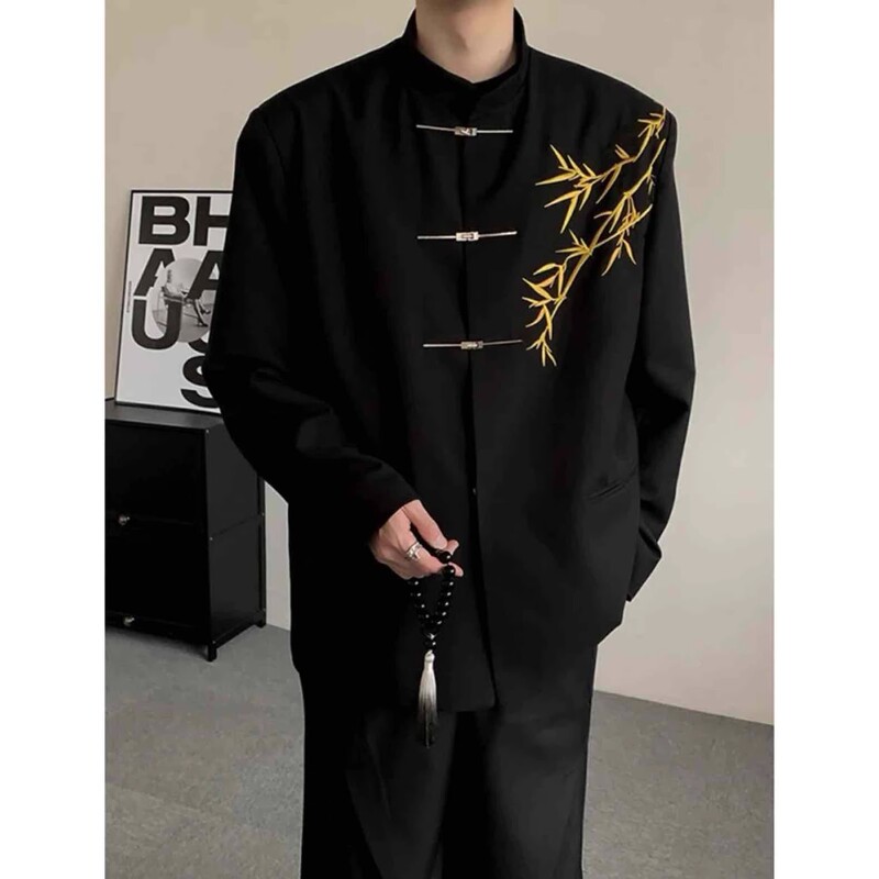 New Chinese Style Men's Engagement Suit National Style Stand Collar Tunic Gold Bamboo Embroidery Boy Adult Dress Suit