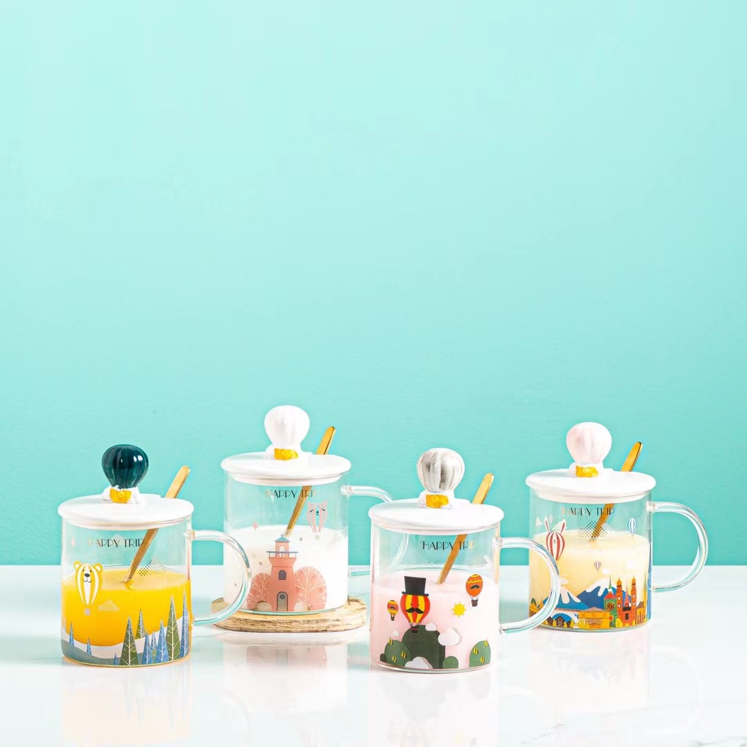 Ins globo de aire caliente personalizado tridimensional transparente vidrio con tapa Cuchara regalo Nordic taza publicidad verano taza de agua