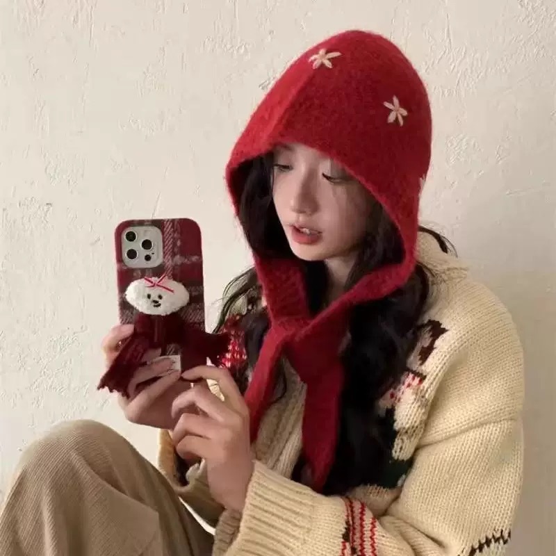 巴拉克拉法帽红色包头帽保暖防风护耳帽子围巾一体小花针织毛线帽|undefined
