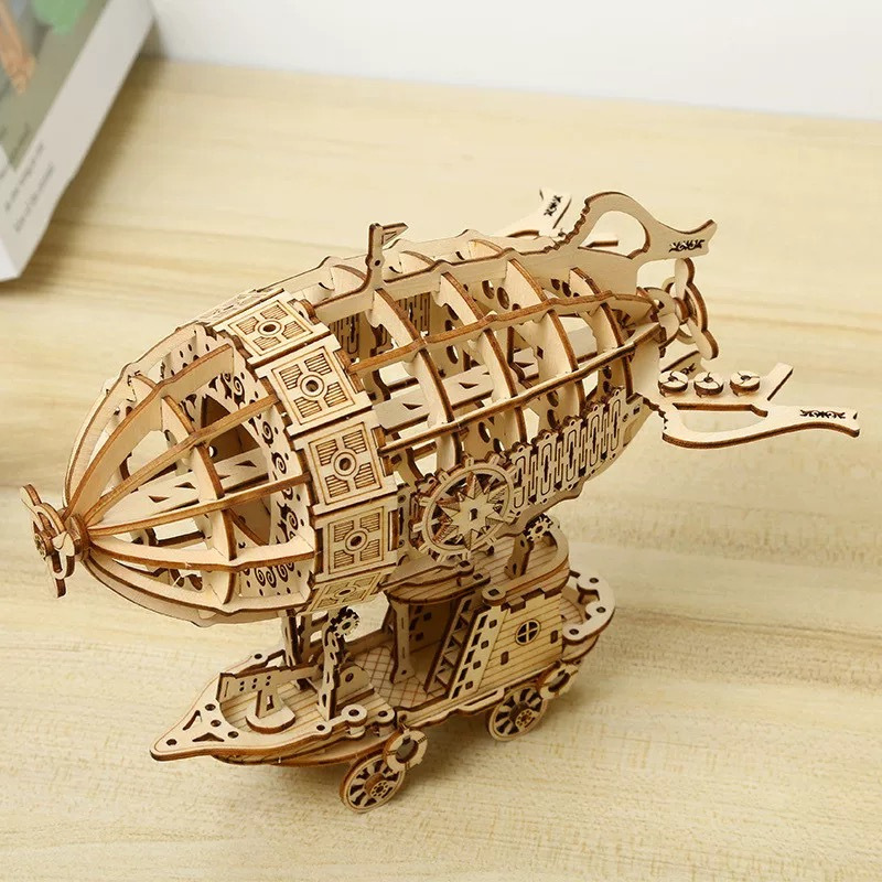 (2개) 3D 3 차원 퍼즐 나무 비행선 기계 전송 시뮬레이션 3 차원 모델 손으로 조립 된 창조적 인 장난감 선물.