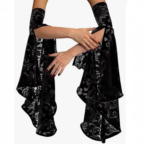 Женские двойные готические черные кружевные перчатки ведьмы с кружевными рукавами в викторианском стиле, аксессуары для вампиров