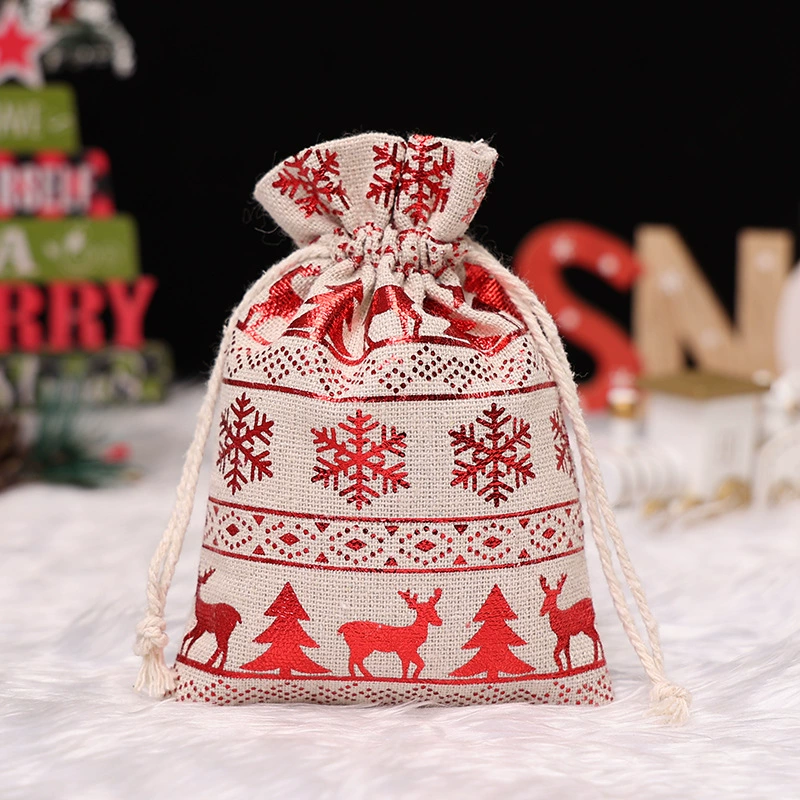Сумка- gift с завязками из хлопка и льна, размеры 10×14 см и 13×18 см, праздничные принты к Рождеству
