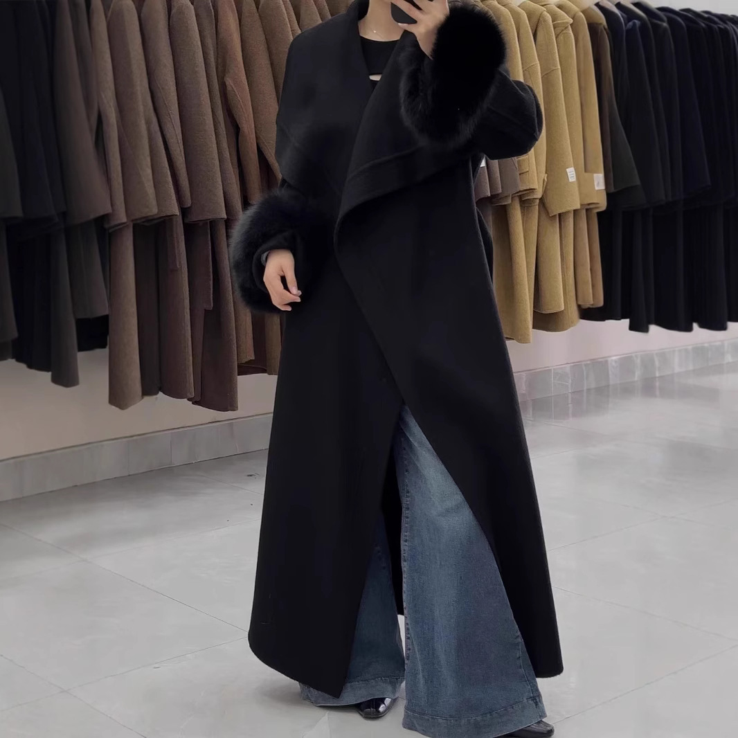 양모 가장자리 양모 패션 우아한 긴 느슨한 양모 코트, 양모 가장자리를 가진 고급 한국식 양면 양모 코트