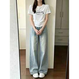 小个子浅蓝色水洗直筒牛仔裤女夏季高腰宽松休闲显瘦百搭阔腿长裤