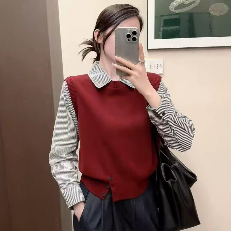 女式设计感格子条纹衬衫25早春新款衬衣polo衫长袖法式独特上衣潮|undefined