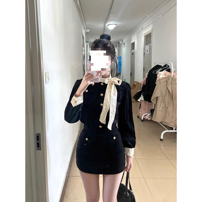 法式秋冬小香风蝴蝶结上衣半身裙子套装女高级气质两件套|undefined
